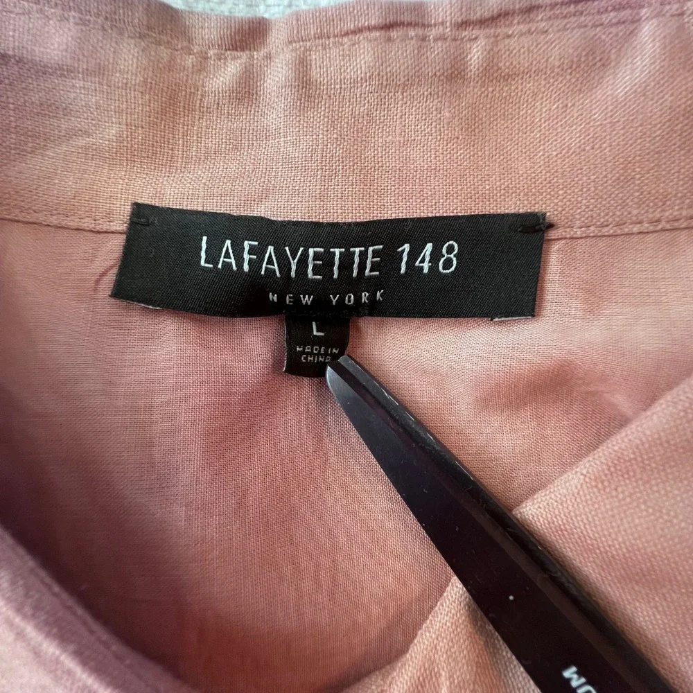 Lafayette 148 New York Pink 100% Linen Short Sleeve Button Down Shirt Women's L - Picture 9 of 9